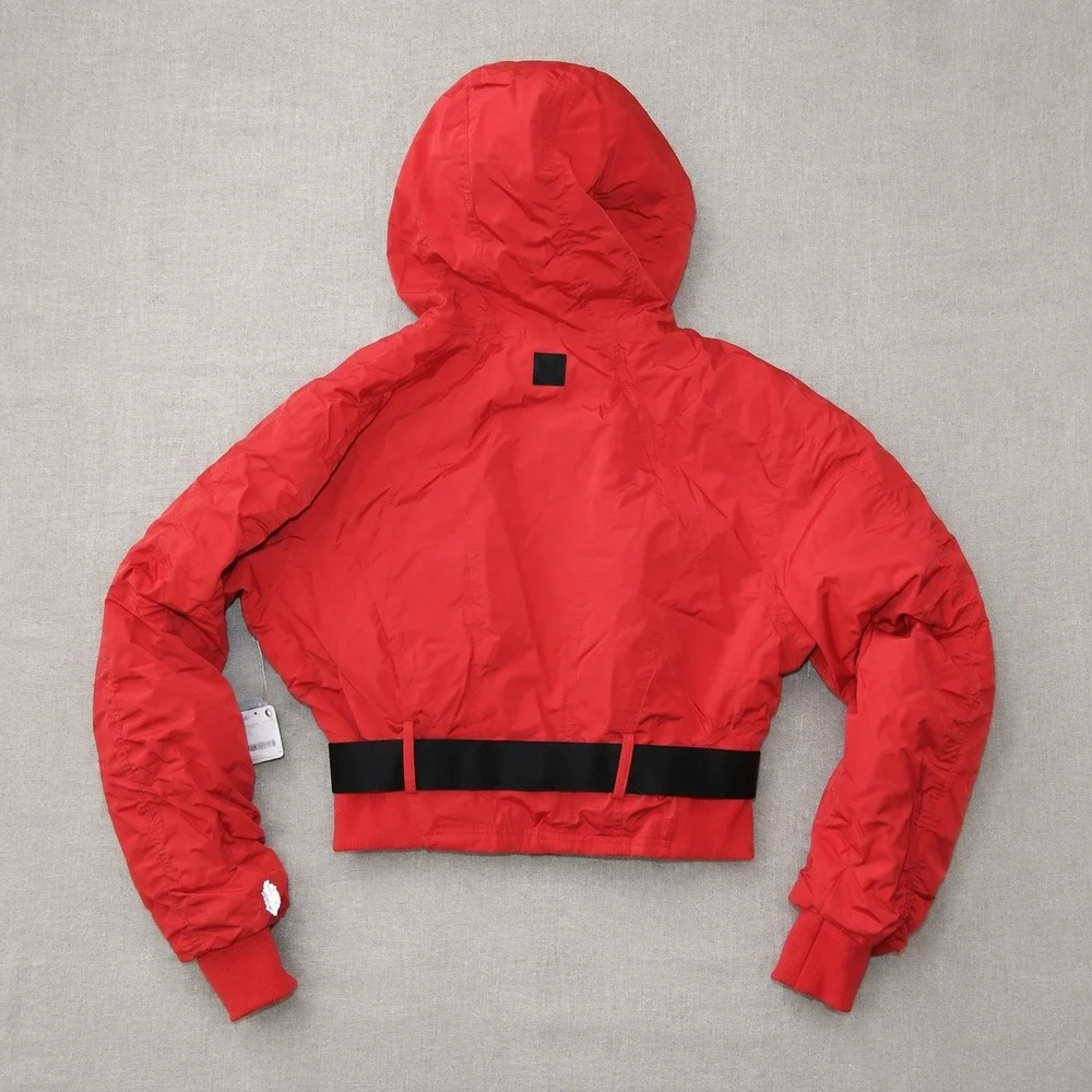 Free People Movement Powder Vixen Red Duvet Puffer Jacket Belted Hooded Crop Lg